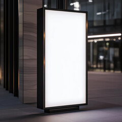 Illuminated blank billboard in urban office lobby