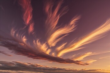 Fototapeta premium Serene Autumn Sky in Maroon and Gold with Gentle Wispy Clouds