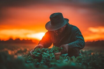 Fototapeta premium In a flourishing green field, a dedicated laborer collects radishes and bundles them neatly, as the sun's warm rays illuminate the landscape and the crops