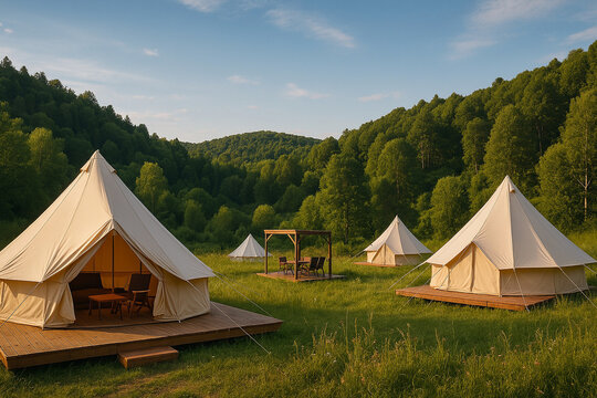 Photo of a cozy glamping site against the backdrop of picturesque nature. Tents on wooden platforms are located in the middle of a flowering meadow, surrounded by forest and hills