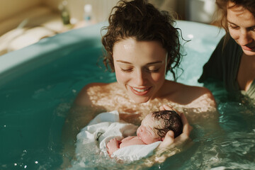 Mother holding newborn in water birth tub.