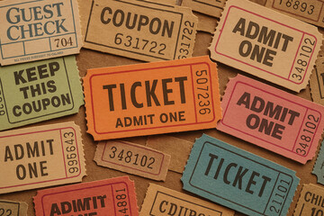 Photos of vintage tickets of different colors and formats. Entrance, lottery, children's. In the center is a bright orange ticket, the rest are scattered in a chaotic manner