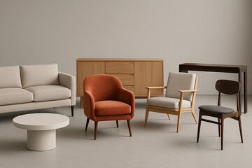 Render of furniture in a modern minimalist style. A bright room with soft lighting, where designer items are placed - a sofa, armchairs, a coffee table and a chest of drawers