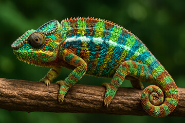 Obraz premium A photo of a colorful chameleon on a branch. The detailed scales shimmer in shades of turquoise, green and red against a backdrop of softly blurred leaves