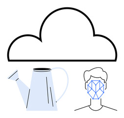 Cloud, metal watering can, human face wireframe. Ideal for technology, data storage, cloud computing, nurturing creativity, innovation growth AI visualizations digital symbiosis. Flat simple