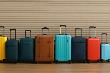 A photo of a row of suitcases of different shapes, colors and styles neatly lined up against a light wall on a wooden floor