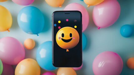 Celebrate with emoji balloon on phone screen colorful balloons party background happy birthday celebration 100