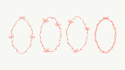 Bow Frame, Vector Oval Y2K Coquette Pen Outline Cute Fashion or Baby Shower Feminine Ribbon Border, Charming Ink Doodle for Valentine or Wedding Illustration