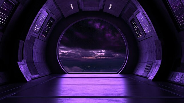 Futuristic portal or gateway with purple lighting and a view of a stormy landscape.