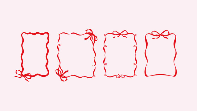 Bow Frame Y2K Coquette Pen Outline Cute Fashion or Baby Shower Feminine Ribbon Border, Charming Rectangle or Square Ink Doodle for Valentine Vector Illustration