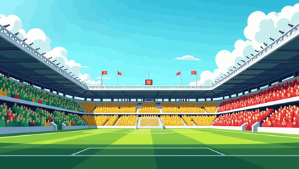 Vibrant football stadium with colorful fan seats under a sunny sky, perfect for sports and tournament concepts.
