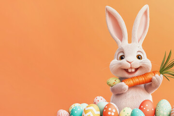 Easter bunny joyfully holds a carrot surrounded by colorful eggs in a festive spring setting. Copy space