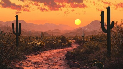 A vibrant desert landscape at sunset, featuring cacti, mountains, and a warm, colorful sky.