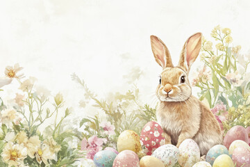 Easter bunny surrounded by colorful eggs and blooming flowers in a spring garden setting