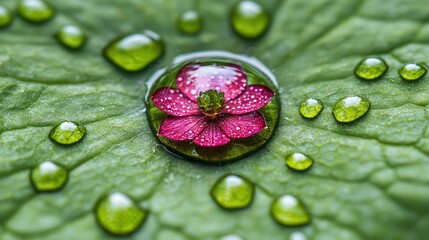 A vibrant flower reflects in a droplet on a green leaf, showcasing nature's beauty and intricate details.