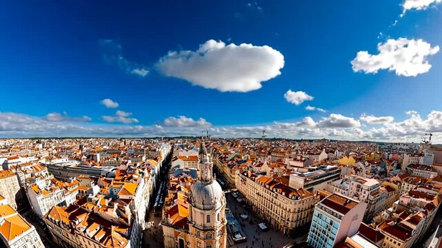 Panoramic view of a vibrant cityscape with terracotta rooftops under a bright blue sky