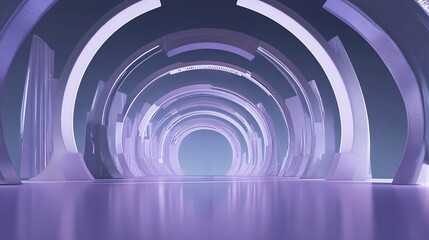 Obraz premium Abstract tunnel with repeating arches in shades of purple and white.