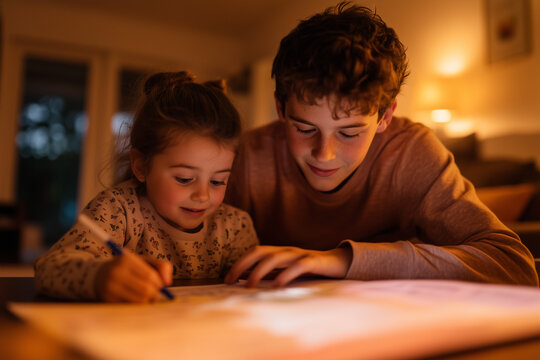 Teen helping sister with homework at night