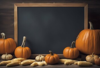 bordered chalkboard corn pumpkins event holiday blackboard october rustic orange overhead background border colours halloween autumn fall harvest food november up high frame decoration copy space