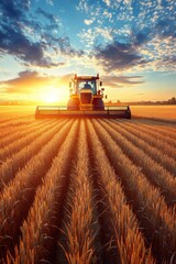 Fototapeta premium A captivating low-angle photograph captures the combine harvester diligently collecting sugar beets, emphasizing the equipment's remarkable size within the vast agricultural fields under a clear blue