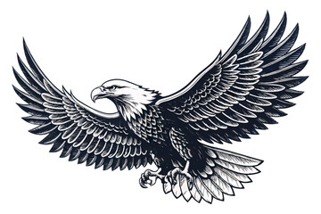 Fototapeta premium Detailed monochrome illustration of an eagle with outstretched wings against a white background