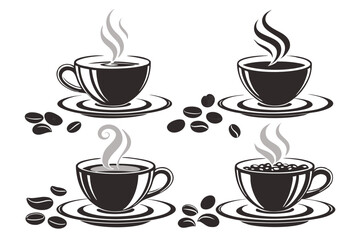 Obraz premium Four coffee cups with steam and beans arranged in a symmetrical pattern on a white background view