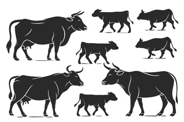 Collection of stylized black silhouette illustrations of cows and calves in various poses and sizes