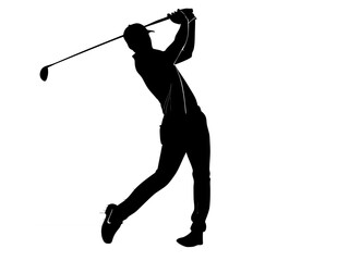 Obraz premium Silhouette of a golfer in mid swing with club raised high against a white background showing action shot