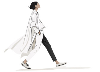 Woman walking in a white coat and two tone pants looking up with a white background in a fashion illustration