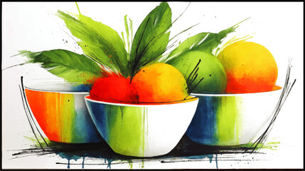 Vibrant Watercolor Vector Illustration Featuring Fresh Fruits in Modern Colorful Bowls with Citrus Oranges, Limes and Green Leaves Ideal for Kitchen Wall Art and Decor