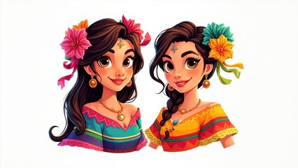 Obraz premium Two figures in vibrant traditional dresses are adorned with floral hair accessories and jewelry. One dress features blue-green-pink stripes, the other in yellow-orange-red tones, reflecting cultural b
