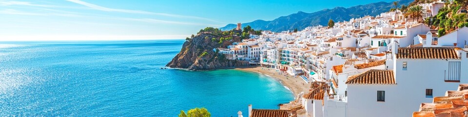 Obraz premium Beautiful Coastal View of a Picturesque Village Overlooking the Clear Blue Sea During a Sunny Day in a Coastal Region Known for Its Charm and Sandy Beaches