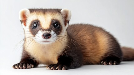 A charming ferret with a soft, brown and black coat gazes forward with bright, curious eyes. It's paws are neatly tucked beneath its body