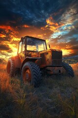 Positioned in a golden field, a powerful tractor basks in the warm hues of the setting sun. Encircled by nature, this agricultural machine signifies hard work and countryside living, inspiring
