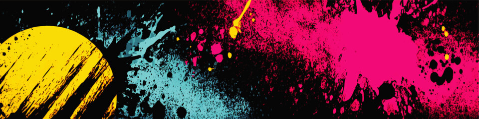 Obraz premium Abstract Colorful Grunge Vector Background with Vibrant Yellow Circle Pink Black Blue Paint Splashes and Ink Stains for Artistic Design and Creative Graphic Projects