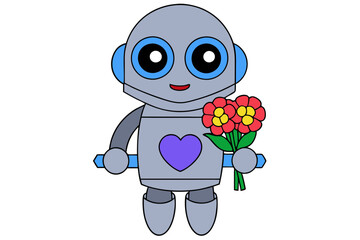 Obraz premium Cartoon Robot Giving Floral Bouquet