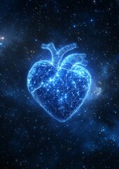An artistic rendering of a human heart, featuring hyper-realistic details and ethereal blue bioluminescent veins