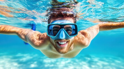Naklejka premium Joyful Man Swimming Underwater with Snorkel Gear and Smiling in Clear Blue Ocean Water