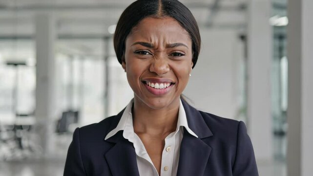 African woman scrunches face with distaste in corporate attire indoors showing displeasure and negative facial expression during office hours.