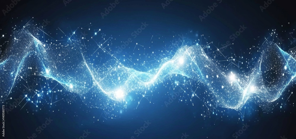 Poster futuristic abstract lines form a network connecting different points, set against a digital cyberspa