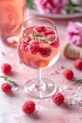 A glass filled with a refreshing raspberry drink rests on a pink surface, surrounded by fresh raspberries and herbs