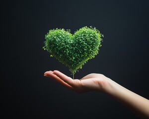 A luminous green heart cradled in a hand, symbolizing the care for Earth's resources