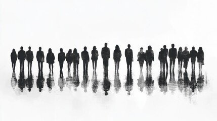 A blurred, shadowy line of silhouetted figures creates a striking, abstract composition on a white background