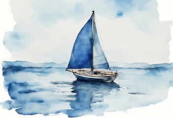 Fototapeta premium sailboat painted watercolor hand object art white sails background print blue isolated boat drawn illustration wind marin yachting liquid beach ocean vessel yacht sport regatta freedom travel cruise