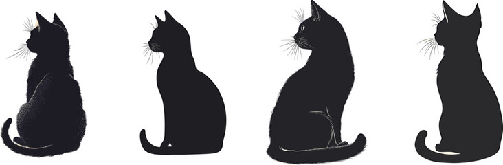 Four playful black cats silhouetted, capturing their graceful poses and expressions.