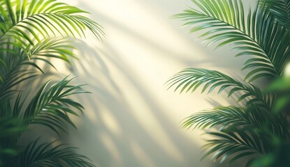 Obraz premium Lush Green Palm Leaves Frame a Textured Beige Background, Creating a Serene Tropical Setting