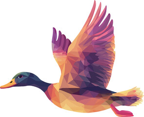 Colorful geometric duck in flight, showcasing vibrant hues and modern art style.
