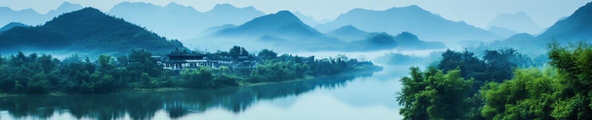 Fototapeta premium Misty Mountains and River Landscape at Dawn With Soft Light Illuminating the Tranquil Scene