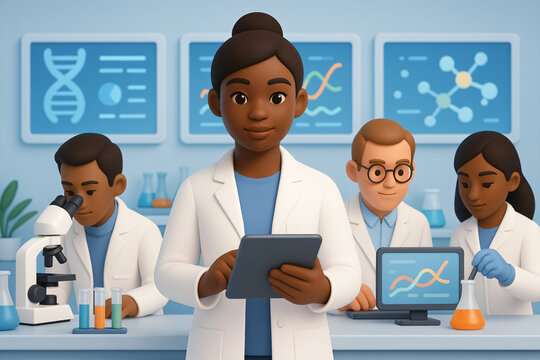 Group of scientists in a laboratory setting. In the foreground, a person is holding a tablet, wearing a white lab coat. The overall atmosphere is professional and collaborative.