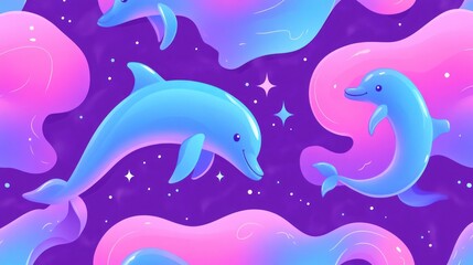 Cartoon dolphins swim in a dreamy sea with star details